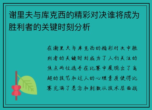 谢里夫与库克西的精彩对决谁将成为胜利者的关键时刻分析
